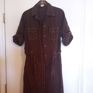 Brown Linen Safari Style Midi Dress size MEDIUM